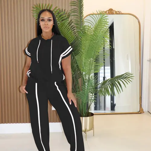 USBoutiqueCHIC Women's Spring Summer Hooded Top & Lounge Pants Set 531GSM Oversized Loungewear 8-Color Comfort Wear Collection Blue with White Stripes
