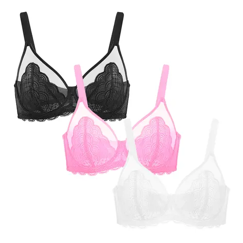 【3 Pack】HSIA Mermaid Scales Unlined Sexy Lace Mesh Bra Plus Size Full Coverage Underwire Minimizer Bra Wide Adjustable Straps for Curvy Women Back Smoothing No-Dig Comfort U-Back Shaping Summer Essentials for DDD+Cup Big Busted Women