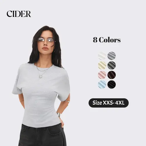 Cider Round Neckline Tee – Cotton Stretch Ribbed Women's Office Work Daily Casual Top, Summer Slim Fit Basic Short Sleeve T-Shirt