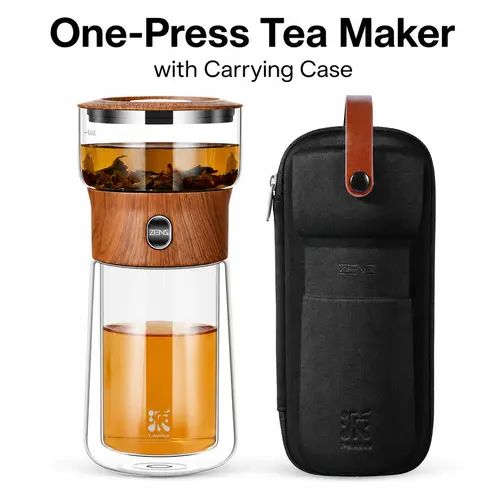 ZENS 9oz Double-Wall Stainless Steel Glass Tea Infuser Bottle with Handle, Wooden Accent, Carrying Case, Removable Loose Leaf Separator Cup - Modern Kitchenware Tea Tool for Office, Travel - Father's Day, Holiday Gifts, Christmas, Father's Day Gifts, Tea,