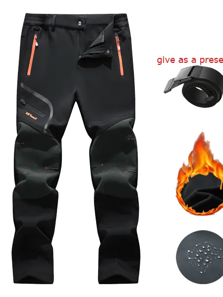 Men's Solid Plain Fleece Insulated Thermal-Lined Waterproof Softshell Ankle-Length Menswear Pants - Zipper Pockets, Cold-Weather Trousers for Hiking, Snow Skiing