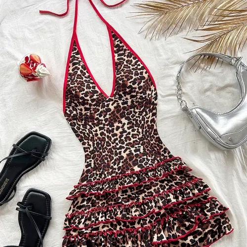Women's Leopard Print Halter Straps V-Neck Layered Ruffle Lightweight Feminine Chunky Shorts Jumpsuit - Y2K Beach, Club Night Out, Music Festival Wear