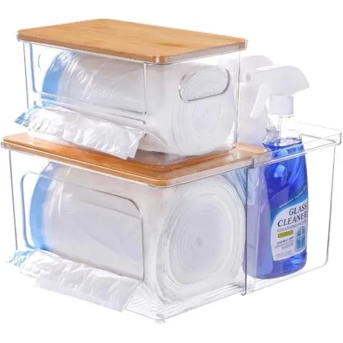 2 Pack Acrylic & Bamboo Storage Laundry Kitchen Organizers-1 Expandable + 1 Fixed Box, Stackable Laundry Pod & Trash Bag Holder,Mother's day gift.