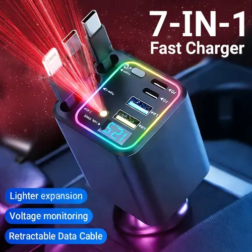 Nuokaiqi 120W Compact Retractable Car Charger - 9-in-1 Fast Charging Station with 4 Built-in Cables, Star Projector, RGB Ambient Light, LED Voltage Display, Multi-Plug Phone Accessories for iPhone & Android, Road Trip Cool Gadget for Car Interior, Cars to