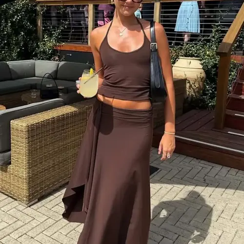 Women's Summer Casual Outfit, Womenswear, Solid Sleeveless Tie-neck Cami Top & Bodycon Side Split Irregular Hem Long Skirt Two-piece Set, Backless Halter Neck Lace-up with Slit Ruffles, Party Club Date Outfits, Clothes