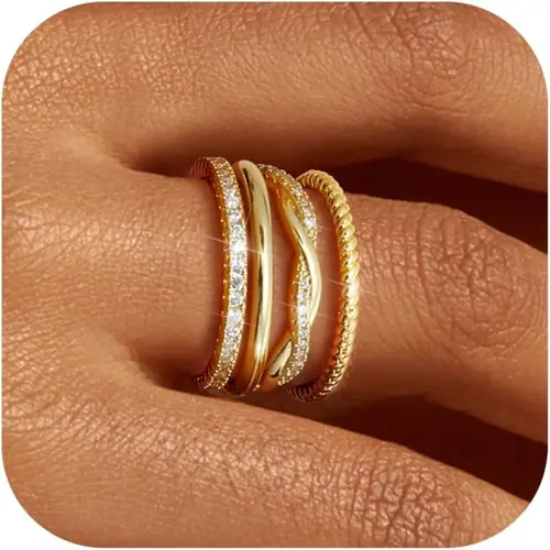 4 Pcs Stackable Rings for Women Non Tarnish Dainty 14K Gold Plated Stackable Thin Rings Cubic Zirconia Thumb Ring Set Trendy Statement Promise Bands Engagement Rings Wedding Jewelry GiftsSize 5-10 Dainty Stacking Rings