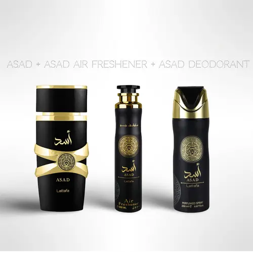 Asad + Asad Air Freshener + Asad Deodorant by Lattafa – Eau De Parfum Gift Bundle, Perfume, Woody