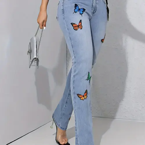 GILIPUR Y2K Women's Colorful Butterfly Print Casual Fitted Ripped Light Wash Denim Jeans,Button-Up Fly, Slim-Fitting, Fitted, Drop Waist, Long Regular FitOOTD Fashion Inspo T-Chic Streetwear Pants
