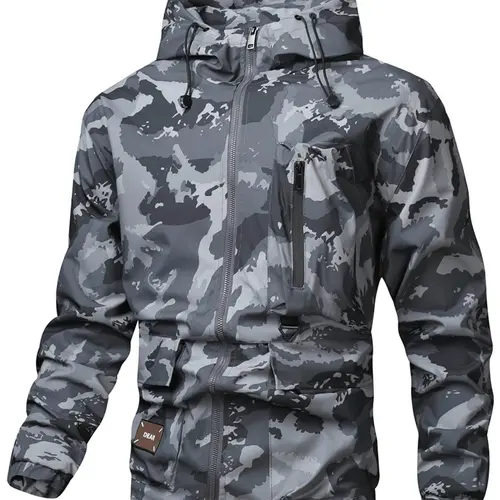 Men's  Print Zip Up Drawstring Hooded Jacket, Regular Fit Casual Waterproof Long Sleeve Pocket Outerwear, Men's Fall &Regular Fit Casual Waterproof Long Sleeve Pocket Outerwear, Men's Fall & Winter Clothes Coats Camouflage Army Green