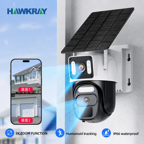 Hawkray 4G LTE Cellular Wireless Home Security Camera Dual Set - No WiFi, Built-in SIM Card, 7-Day Free Trial Then 4G Plan RequiredSolar Powered, Outdoor, 360° Real-Time Viewing, Pan-Tilt Control, Monitoring, Night Vision, Auto-Connect Smart Home Gadget