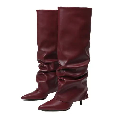 EROCALLI Women's Fold Over Slouchy Knee-High Boots, Pointed Toe Stiletto Heels, Leather Slip-On with Ruched Details, Comfortable Heels for Party, Business, Statement Shoes,sohochic