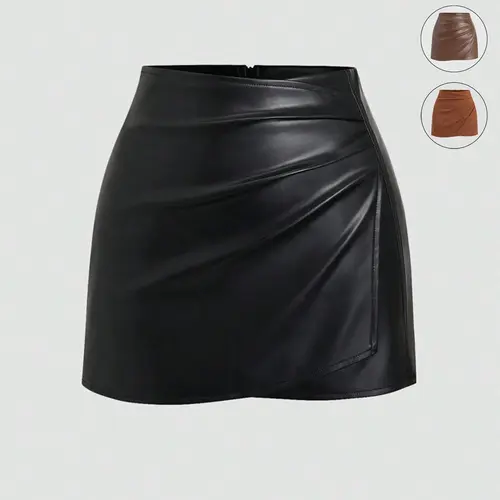 Women's American Vintage Sexy Bodycon Fitted Basic Solid Color PU Mini Skirt Bottom Piece, Womenswear Versatile Contour Skirt For All Seasons