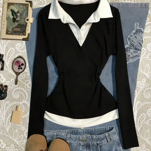 Women's Colorblock Patchwork Faux Two-Piece Shirt Collar Slim Fit Long Sleeve Top, Casual Fitted Collared, Basic Simple Comfortable Casual Daily Wear, Versatile Aesthetic Stylish All Seasons Blouse, Colorblock Knit Top, Casual Comfy Collared