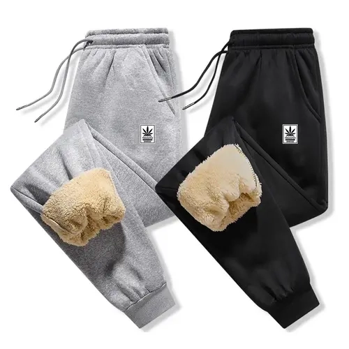 Men's 2-Piece Winter Thick Warm Casual Pants Set - Velvet-Lined, Windproof Cold-Resistant Knitted Menswear Basics, Polyester Fabric, Leaf-Printed, Suitable for Daily Leisure & Sports,sohochic