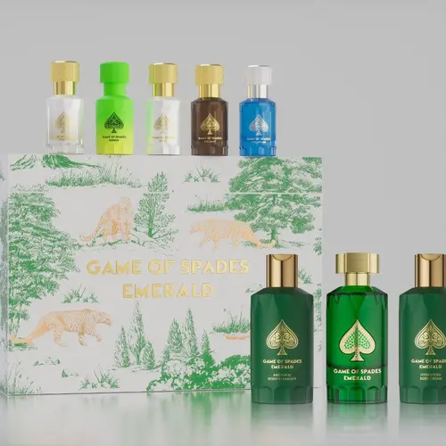 Game of Spades Emerald - Deluxe 8-Piece Gift Set (90ml Parfum, Hydrating Body Cream & Body Cleanser) Plus 5x10ml travel sprays