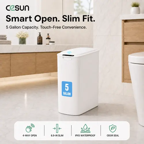 CESUN 5 Gal Modern Touchless Smart Plastic Slim Trash Can - Automatic Motion Sensor, Light, Hand-Operable Lid, Removable Design for Bathroom, Office, White