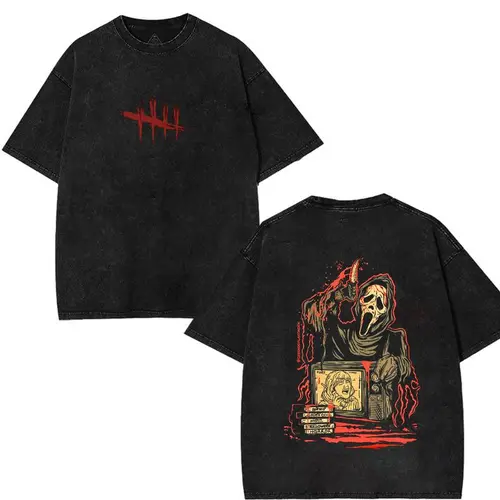 Men's Washed Cotton Ghost Face Dead by Daylight Horror Tshirt - Classic Fit, Round Neck, Smooth Texture, Horror Graphics, Gaming Aesthetic Streetwear Top,sohochic
