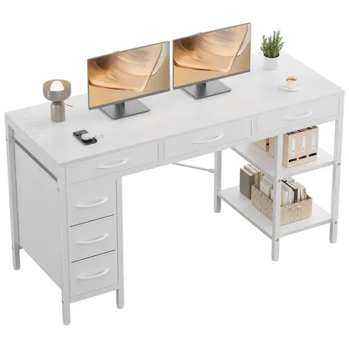 Sweetcrispy Modern 6-Drawer Computer Desk with Storage Shelves - Durable Desks & Workstations, Home Office Craft Table Use, Bedroom Study Corner Work Table, Gaming Desk