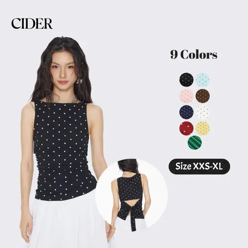 Cider Cotton-blend Boat Neck Knotted Polka Dot Ruched Tank Top Casual Sleeveless Tops Casual Fit Sleeveless