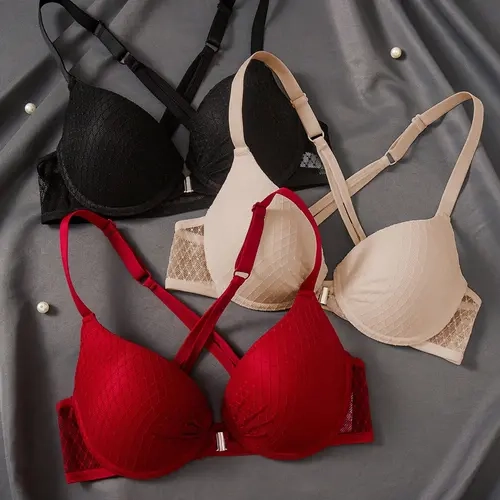 3pcs Front Closure Push-Up Bra with Lace Detail forWomen Fit Elegant Everyday Wear Basic Fashion StyleWomenswear Elegance Vneck Minimalist