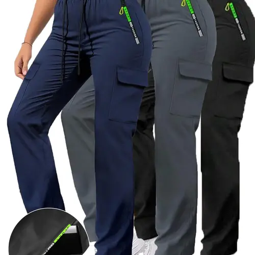 comfy elastic waist  Women’s spring/autumn cargo pants with zippered pockets, featuring a stylish large pocket design and an elastic waistband with drawstring, casual long pants for outdoor and everyday wear.,sohochic