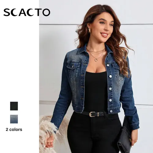 【Plus Size】Scacto Women's Plus Size Collared Long-Sleeve Distressed Cropped Cut Denim Jacket, 100% Polyester Plain Style Outerwear Coats, Sizes S-3XL, Longsleeves,sohochic