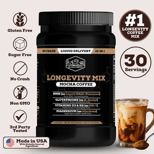 Black Forest Longevity Mix Mocha Coffee Beverage Drinks - NMN, Glutathione, Magnesium Glycinate, TMG, Vitamin D3, C, K2, B12, Cocoa Powder, Instant Coffee - 30 Servings, Gluten-Free, Sugar-Free, Non-GMO Wellness Supplements Minerals Selfcare