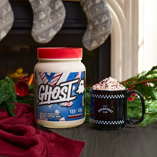 GHOST High Protein Hot Cocoa Holiday Edition 20g Protein Serving White Chocolate Peppermint Bark & Milk Chocolate Tubs Single Serve Packets