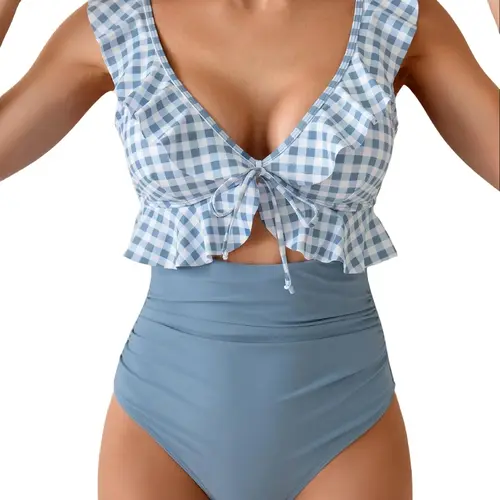 Eomenie Women's Mom-Friendly Tummy Control 1-Piece Swimsuit - V-Neck, Ruffled, Ruched, Cutout, Slimming Monokini Bathing Suit - Water-Ready Swimwear Material Women's 1-Pieces #Deals For You Days