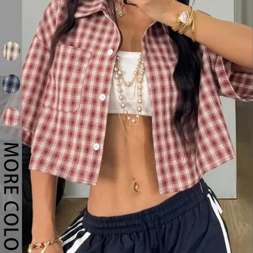 Women's Spring & Summer Vintage College Style Plaid Loose Cropped Shirt, Perfect for New Year & Christmas Wear, Casual Top for Daily Wear