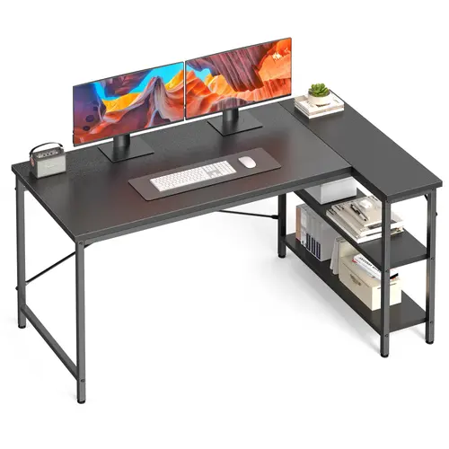 Sweetcrispy L-Shaped Corner Computer Desk - Sturdy Office Furniture with Reversible Storage Shelves, Large Workspace, Adjustable Legs, Steel Frame, Easy Setup for Work from Home, Bedroom, Dual Monitor Setup
