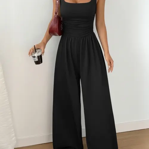 New Women's Knitted Plain Square Neck Fitted Wide Leg Jumpsuit, Overall Jumpsuits, Simple Minimalist Casual Design, Versatile Casual Fashion Jumpsuit for All-Season Wear, Casual Comfy Jumpsuit