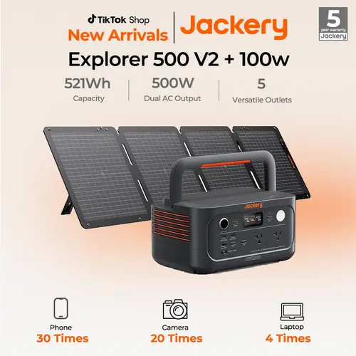 Jackery Explorer 500 v2 Portable Power Station, 512Wh LiFePO4 Battery, 500W AC/1000W Peak, Solar Generator for Camping, Outdoors, and Power Outages