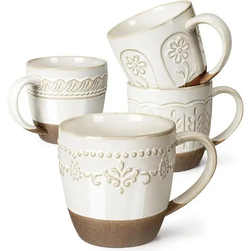 4-Piece 16oz Large Embossed White Ceramic Coffee Mugs with Handle - Decorative Home Drinkware, Coffee Bar Essential, Warm Handhold Grip, Dishwasher Safe, Microwave Safe, Drinkware Must Haves, From Latte to Tea 1 Set Adapts, Gift Option