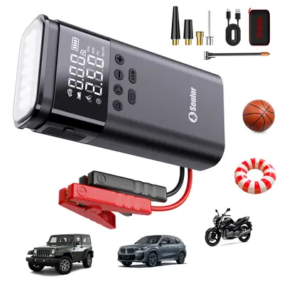 Soulor  5-in-1 15000mAh 12V Portable Jump Starter with 160PSI Tire Inflator Power Bank LED Flashlight SOS Beacon 3.3-inch LCD Display for Cars SUVs Trucks Car Tool Kit Car Accessories