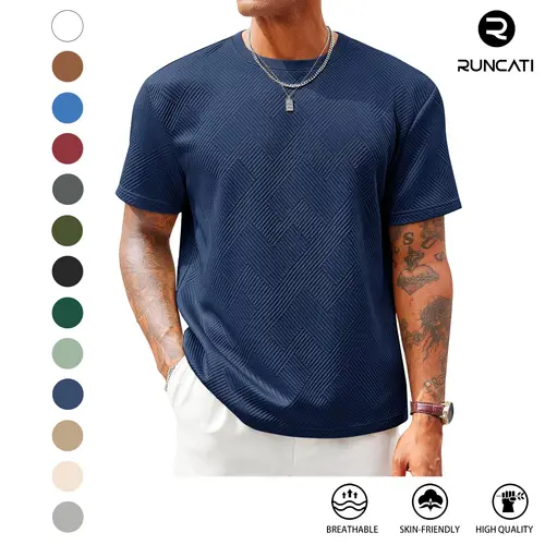 Runcati Men's Casual T-Shirts Short Sleeve Crewneck Summer Stretchy Shirt Textured Jacquard Tops Streetwear Menswear Soft Tshirt Breathable