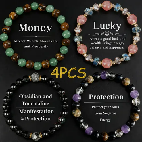 Crystal Beaded Bracelets with Elastic Band - Tiger Eye, Obsidian, Black Tourmaline, Moonstone, Vermilion Jewelry for Women - Enhance Your Look, Money Attraction, Good Luck, Protection - Gift for Couple, Daily Wear Accessory sohochic
