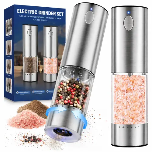 Electric Salt & Pepper Grinder Sets, 2pcs Rechargeable, Adjustable, Modern Stainless Steel Construction, LED one-hand operation Kitchen Utensils,sohochic