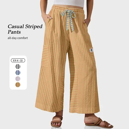 【SS26 Collection】TARSE Women’s Baggy Striped Wide Leg Pants Trendy Drawstring Basic Casual Boho Palazzo Pants Loose Minimalist Beach Trousers With Pockets