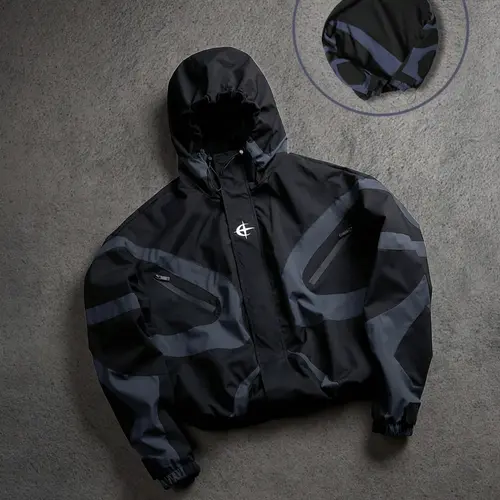 Men's Baseball High Street Streetwear Patchwork Print Windproof Outdoor Coat, Fashion Stylish Student College Style Fitted Long Sleeve Wind Resistant Outerwear for All Seasons Menswear