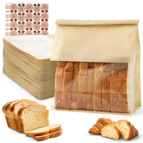 GARFUNOVO Bakeware Paper Bread Bags Set, 100pcs Large Size 8.6in Baked Utensils for Homemade Bread, Viewable Window, Tin Tie, 200 Sealing Stickers, 11" Tall Storage for Cookies & Snacks