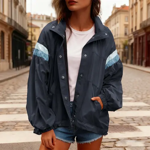 FISOEW Women's Collared Neck Longsleeve Lightweight Windbreaker Coat - Contrast Patchwork, Elastic Cuff Sleeves, Adjustable Hem, Casual Streetwear Women's Clothes Outerwear, Coats,back to school,back to school shopping, Jackets, Elastic Cuffed Cuffs,sohoc