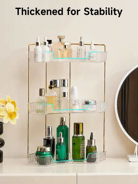 UFORU 3-Tier Plastic Corner Bathroom Counter Storage Organizer, Smooth Bathroom Accessory with Gold Metal Pole for Cosmetics, Perfumes, Skincare - Home Accessory for Vanity Kitchen, Transparent