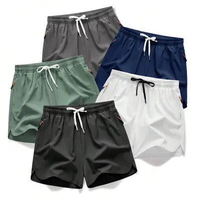 Men's 5-Piece Plain Beige Tropical Beach Shorts - Lightweight Breathe-Cool Fabric, Quick-Drying, Drawstring, Zipper Pocket Detail, Fitted Cut, Above the Knee, Daily Wear Swim Bottoms, Gift for Him
