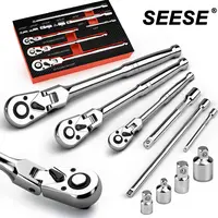 SEESE 10 Piece Flex Head Ratchet Set, 1/4", 3/8" and 1/2" Drive Swivel Head Ratchet Wrench with Extension Bar and 4pc Adapter, 72-Tooth Flexible Wrench Handle with Quick-Release Reversible Design toolupgrade