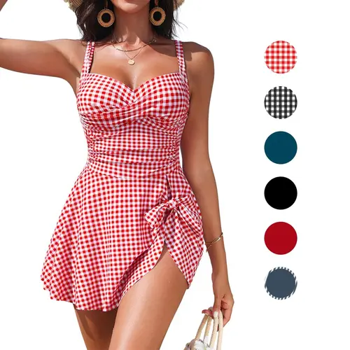 Blooming Jelly Womens Gingham One Piece  Swim Dress Tummy Control Swimsuits Modest Bathing Suit Full Coverage Swim Skirt Adjustable Strap Swimdress #SwimWeek #Summervibes