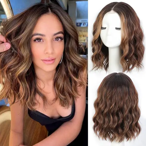 Female FreshVibes 14in Caramel Brown Highlights Synthetic Lace Front Curly Brown Wig - Short Wavy, Heat Resistant, Natural Look, Soft, Lace Hairline, Lightweight Cap, Glueless, Beginner-Friendly, Synthetic Fiber, for Wedding, Travel, Everyday Wear,sohochi