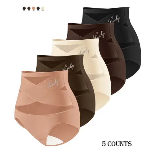 【Pluz Size】Morelect 5 Pcs High Waisted Underwear for Women Tummy Control, Lightweight Panties with Lucky Charm, Breathable Mesh Panel Briefs, Comfy Invisible All Day Undies,mothersdaygift.