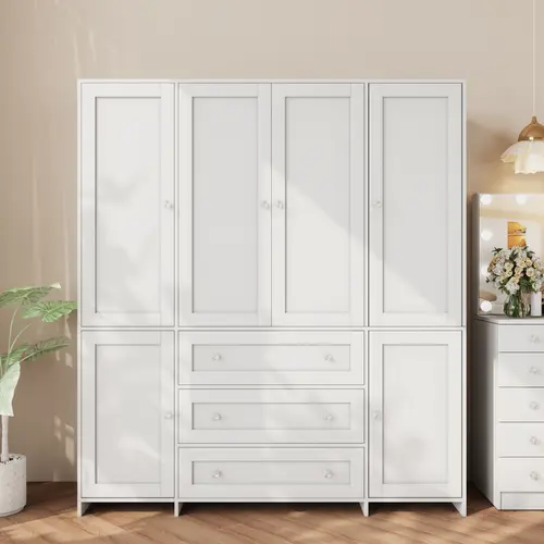 【2 Package Deliver】VOWNER White Large 4 Doors with Glass door Wardrobe with Side Cabinets 3 Drawers Aluminum Alloy Hanging Rod