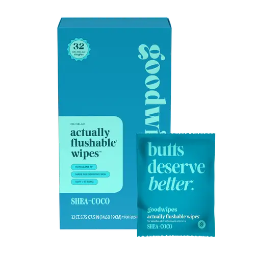 goodwipes Shea-Coco Flushable Wipes - Individually Wrapped Butt Wipe for On-the-Go Adults - Portable Mini Wipes - Travel Essentials - Sewer & Septic Safe- 2 pack of 32ct